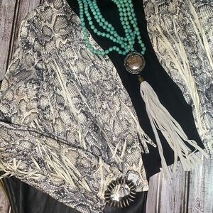 Vocal Snake Print Fringe Jacket - Black and Cream